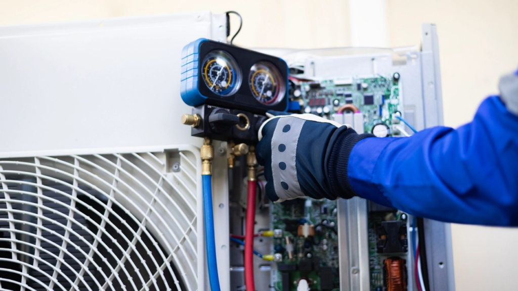 An HVAC technician servicing an indoor heating and cooling unit with gauges for Avery Heating and Cooling in Independence, MO.