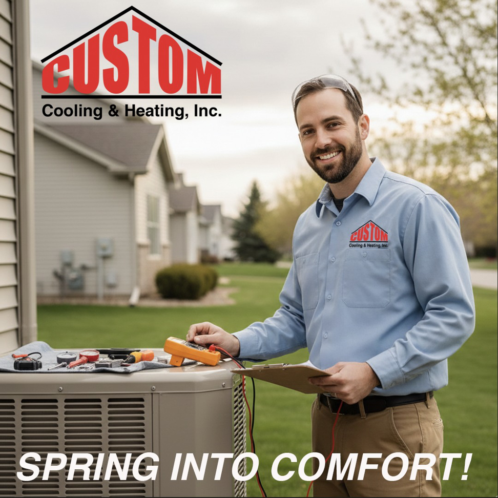 An HVAC technician from Custom Cooling & Heating, INC servicing an outdoor air conditioning unit in Lincoln, NE.