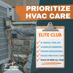 An HVAC technician servicing an outdoor air conditioning unit for Larry's Heating and Cooling, Inc. in Yankton, SD.