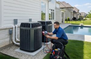 An HVAC technician servicing outdoor AC units at a residential property for Bree HVAC Contractor in Cedar Park, TX.