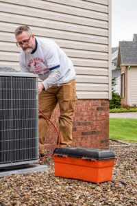 An HVAC technician from Wyles Heating & Air Conditioning Inc. servicing an outdoor air conditioning unit in North Canton, OH.
