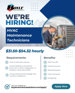 An HVAC technician servicing an outdoor air conditioning unit for Boyle Mechanical Solutions in Dayton, OH.