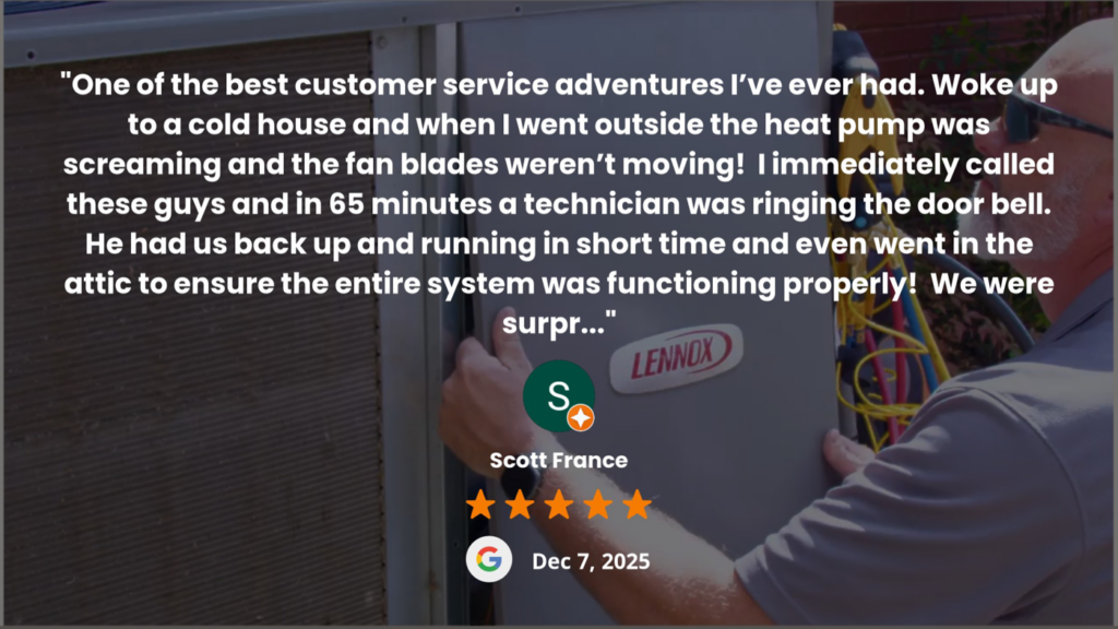 An HVAC technician servicing an outdoor Lennox air conditioning unit for Comfort Masters of North Alabama in Athens, AL.