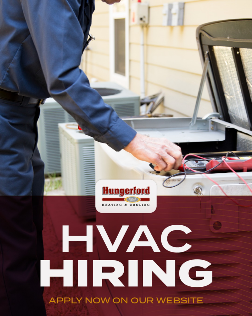 An HVAC technician servicing an outdoor air conditioning unit for Hungerford Heating & Cooling in Richmond, VA.