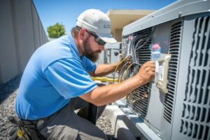 An HVAC technician servicing the internal wiring of an outdoor HVAC unit for Air Works of Alabama LLC in Mobile, AL.