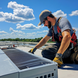 An Ozon Inc HVAC technician servicing a commercial rooftop unit under a clear sky in Philadelphia, PA.