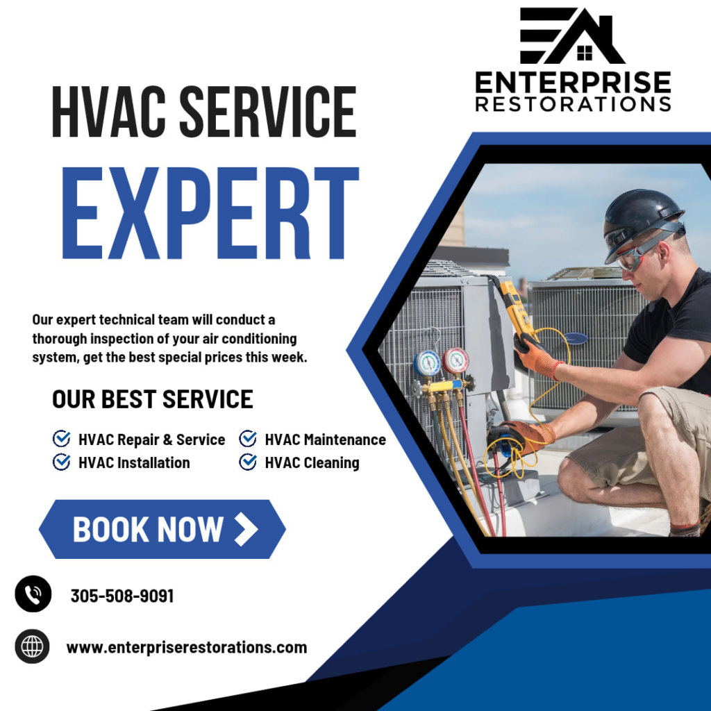 An HVAC technician servicing multiple rooftop air conditioning units for Enterprise Restorations in Miami, FL.