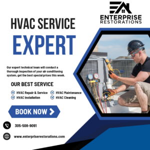 An HVAC technician servicing multiple rooftop air conditioning units for Enterprise Restorations in Miami, FL.