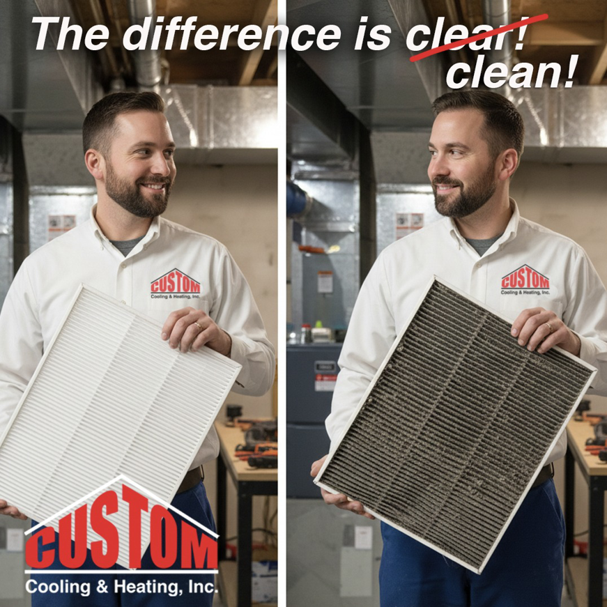 An HVAC technician from Custom Cooling & Heating, INC demonstrating the difference between clean and dirty air filters in Lincoln, NE.
