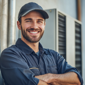 A smiling HVAC technician in uniform with an outdoor unit in the background, representing Ozon Inc in Philadelphia, PA.