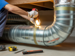 An HVAC technician applying tape to seal a section of metal ductwork for Williams Heat and Cool in Warren, MI.
