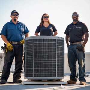 A team of Ozon Inc HVAC technicians standing with a commercial rooftop unit in Philadelphia, PA.