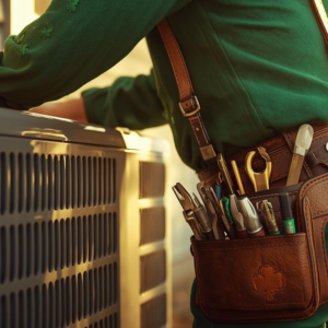 An HVAC technician with a tool belt inspecting an outdoor air conditioning unit for One Way Service Pros in Deadwood, SD.