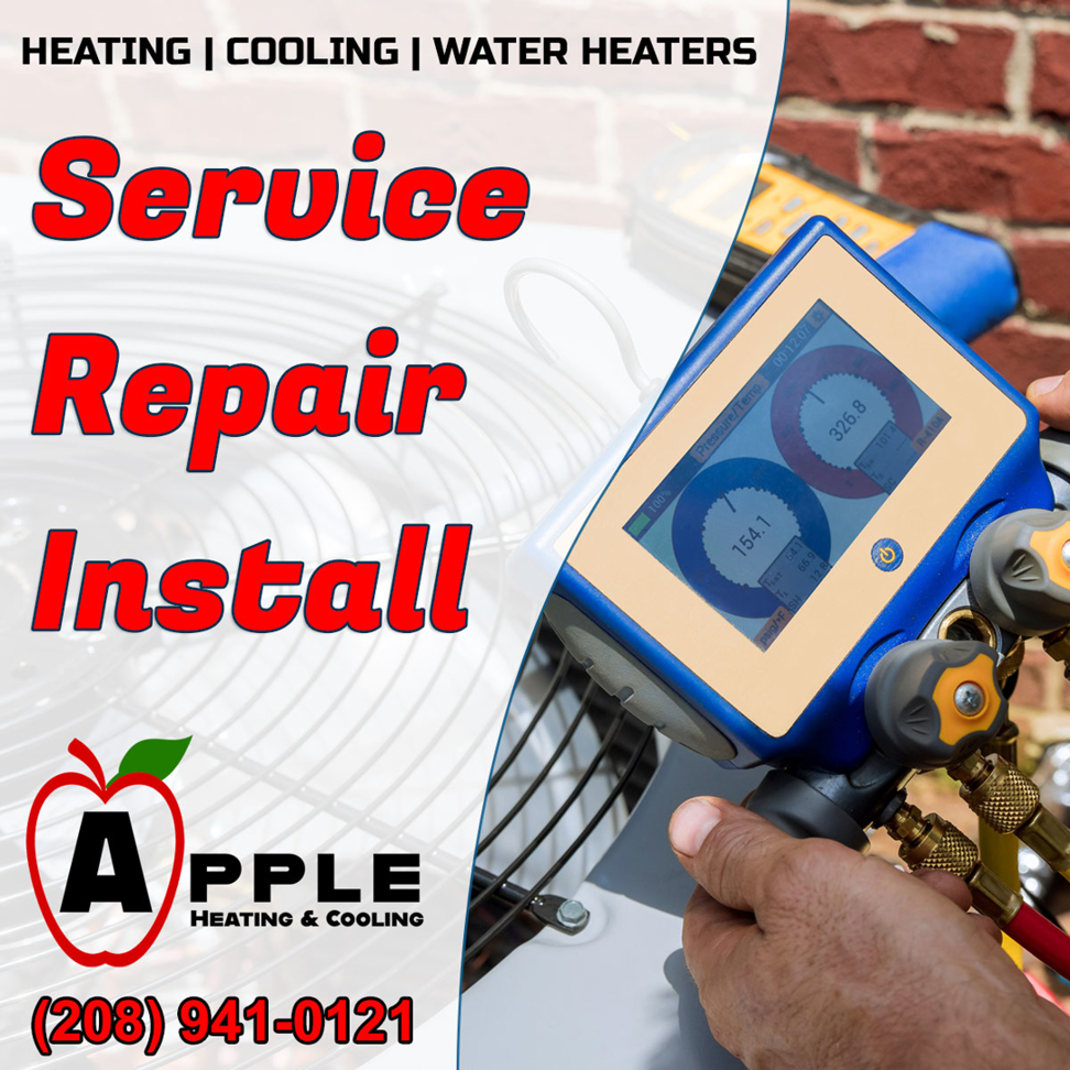 An HVAC technician using a digital manifold gauge to service an air conditioning unit for Apple Heating & Cooling in Nampa, ID