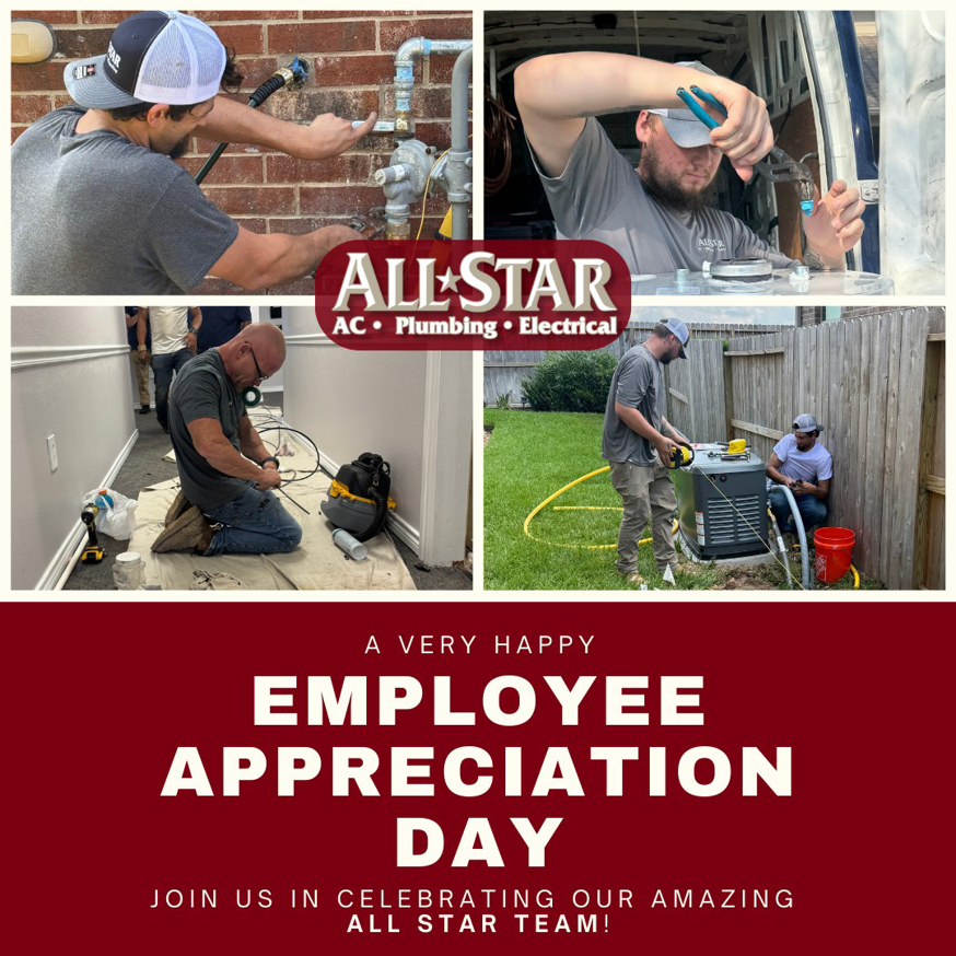 An HVAC technician working on an outdoor condenser unit at a home in Houston, TX, provided by All Star A/C, Plumbing & Electrical.