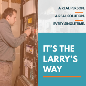 An HVAC technician performing maintenance on a furnace unit for Larry's Heating and Cooling, Inc. in Yankton, SD.