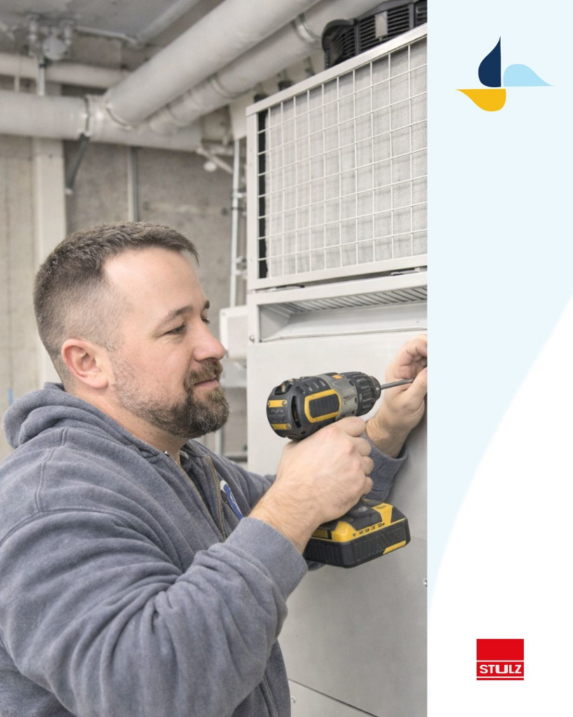An HVAC technician using a drill to work on a large indoor HVAC unit for Climate Systems, Inc. in Sioux Falls, SD.