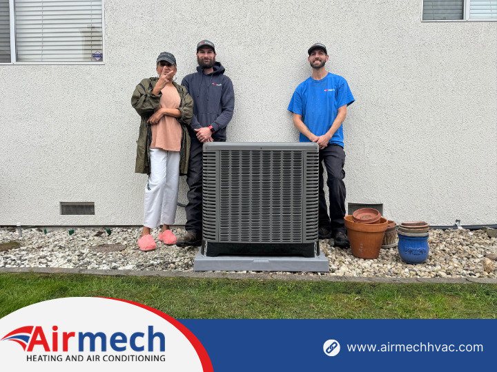 Airmech Heating and Air Conditioning technicians with a customer after a new AC unit installation in Elk Grove, CA.
