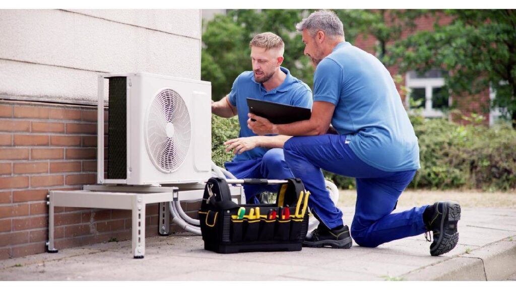Two HVAC technicians inspecting an outdoor mini-split air conditioning unit for Shook Heating And Cooling in Livonia, MI.