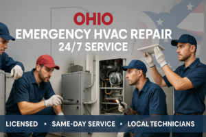 HVAC technicians inspecting and repairing a furnace unit for Ohio Emergency HVAC Repair in Ohio.
