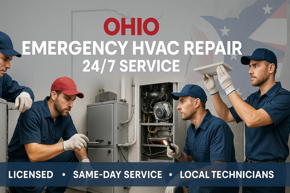 HVAC technicians inspecting and repairing a furnace unit for Ohio Emergency HVAC Repair in Ohio.
