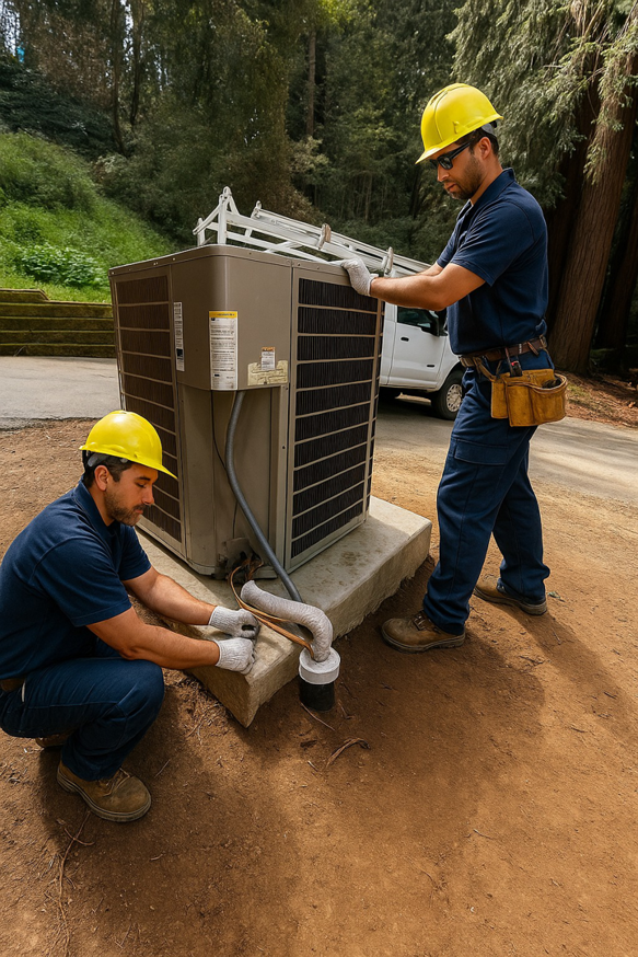 Two HVAC technicians in hard hats installing an outdoor air conditioning unit for A and R Air Conditioning & Heating furnace in San Jose, CA.