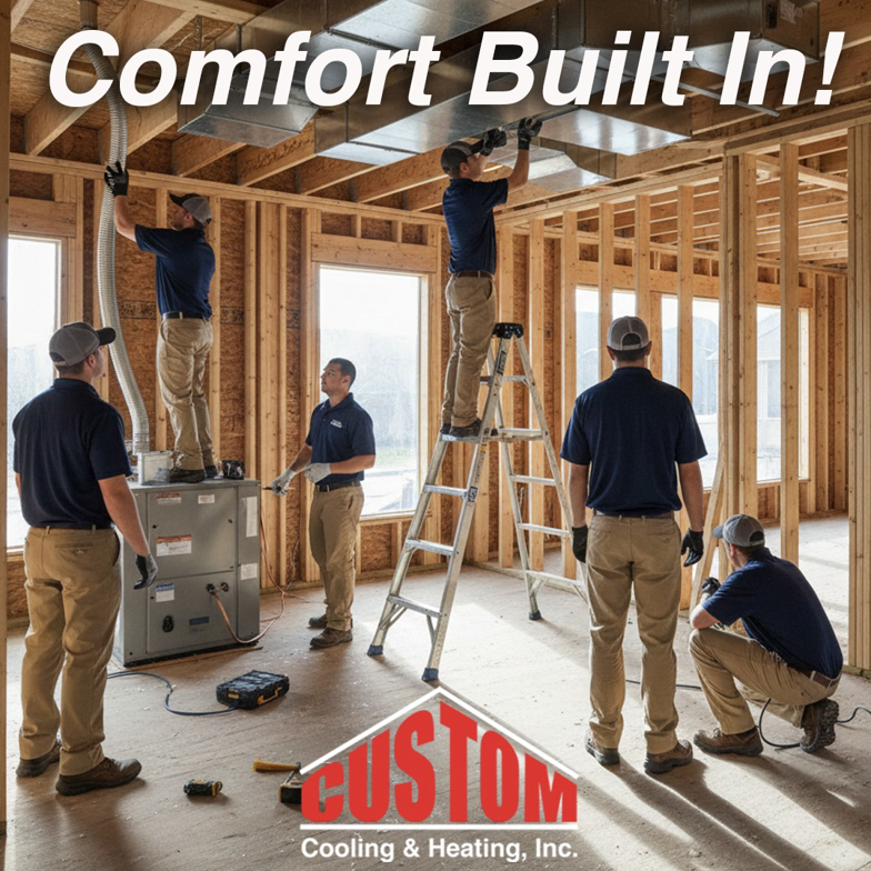 HVAC technicians from Custom Cooling & Heating, INC installing ductwork and a furnace in a new construction home in Lincoln, NE.