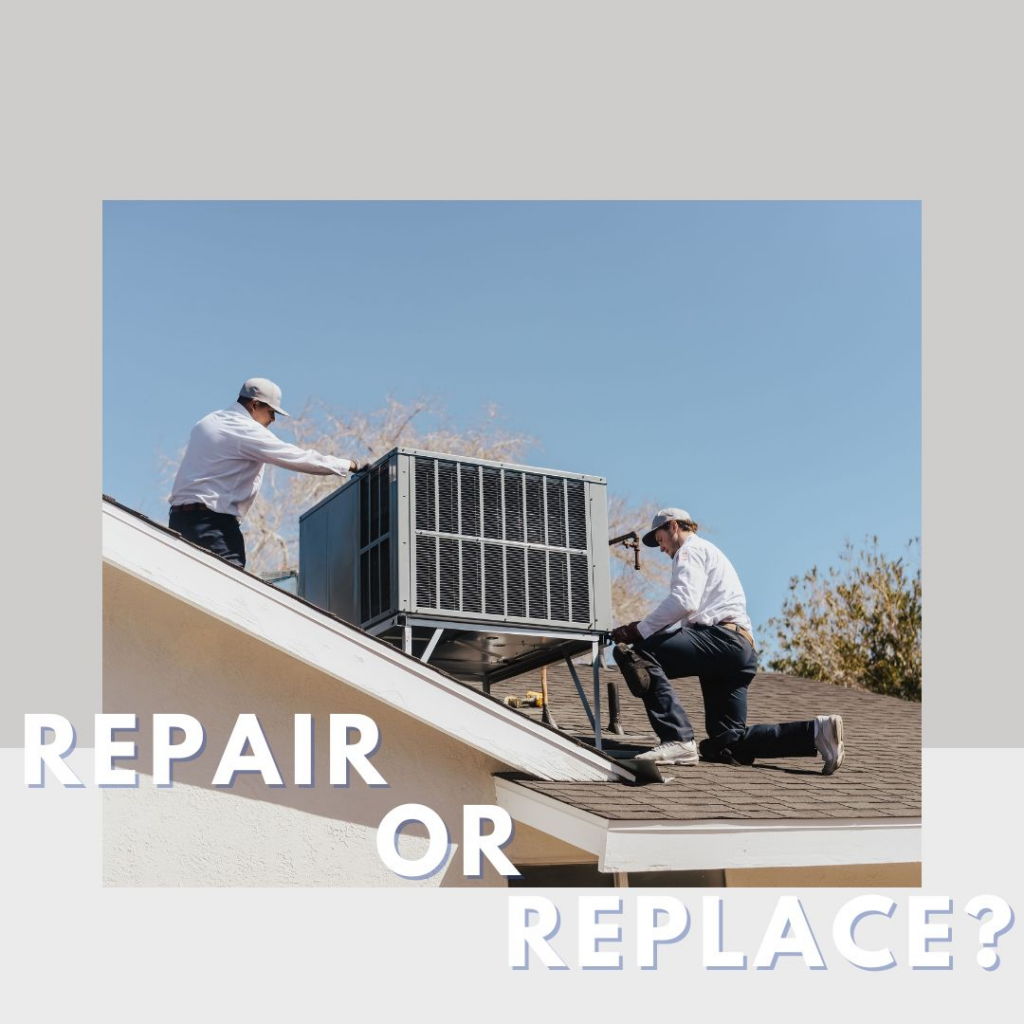 Two Instant Air HVAC technicians repairing an outdoor air conditioning unit on a roof in Las Vegas, NV.
