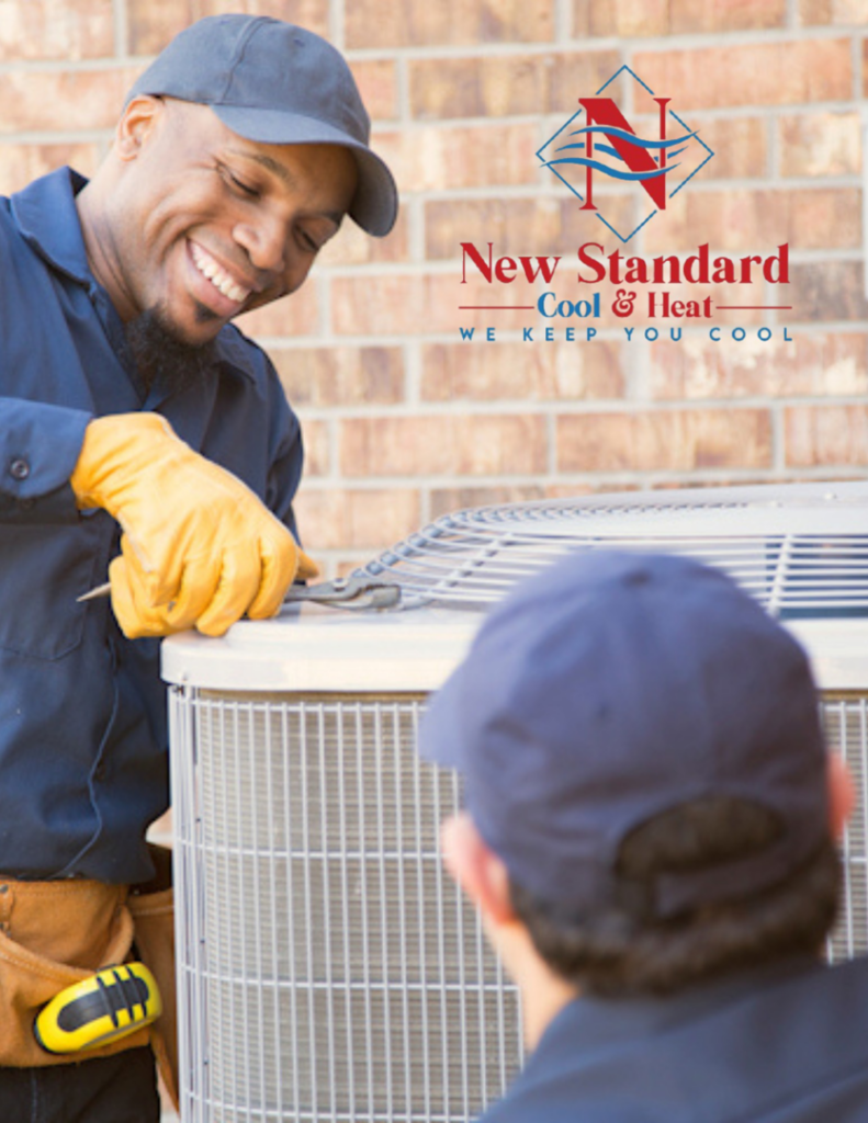 Two HVAC technicians servicing an outdoor air conditioning unit for New Standard Air Conditioning Cool & Heat LLC in Winter Springs, FL.