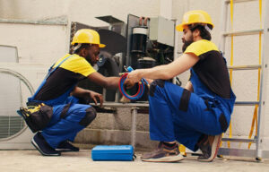 Two HVAC technicians servicing an outdoor air conditioning unit with gauges for Accurate Air Inc. in Manchester, NH.