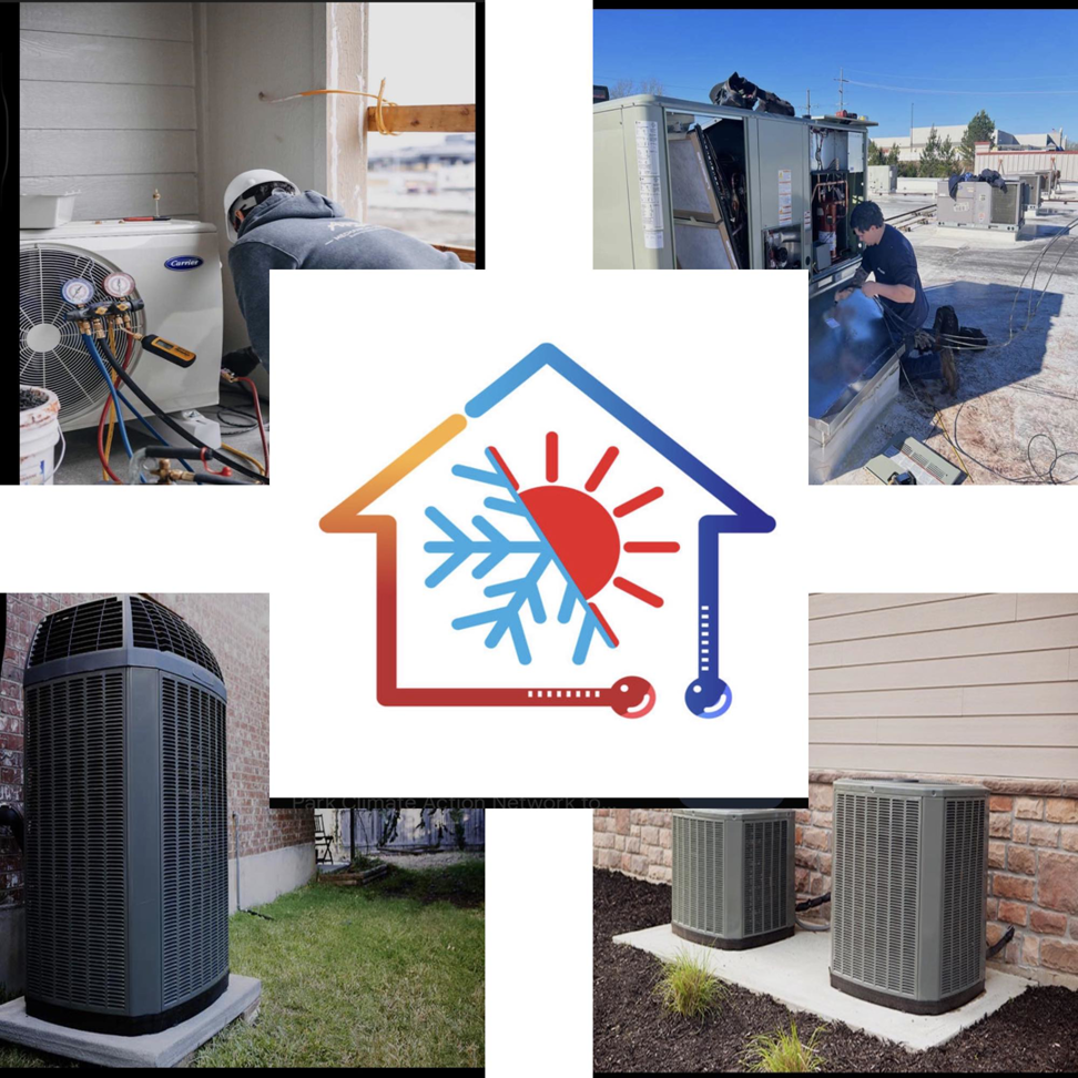 A collage showing Douet A/C, Heating & Appliances technicians working on residential and commercial AC units, and installed outdoor HVAC systems in Lafayette, LA.