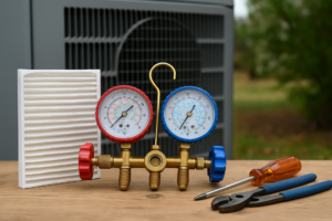 HVAC tools, a new air filter, and an outdoor AC unit, representing service from Affordable Heating & Cooling LLC in Olathe, KS.