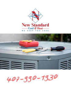 HVAC tools resting on an outdoor air conditioning unit, indicating service by New Standard Air Conditioning Cool & Heat LLC in Winter Springs, FL.