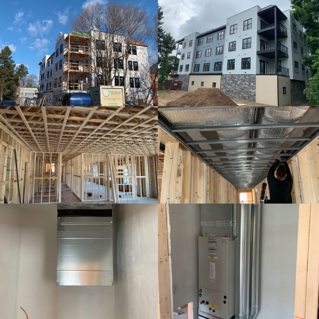 HVAC unit and ductwork installation during new construction by Atmos HVAC in Quincy, MA.