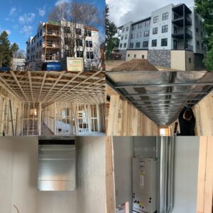 HVAC unit and ductwork installation during new construction by Atmos HVAC in Quincy, MA.