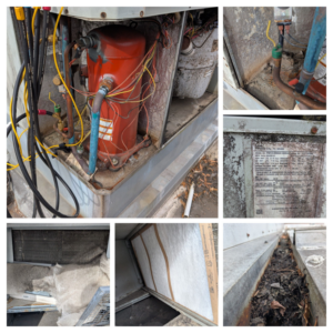 A collage showing internal components of an HVAC unit during an inspection by Prestige Heating Cooling & Appliances Llc in Sumter, SC.