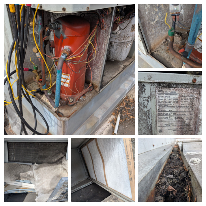 A collage showing internal components of an HVAC unit during an inspection by Prestige Heating Cooling & Appliances Llc in Sumter, SC.