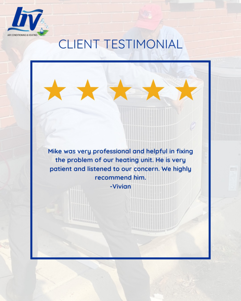 A technician working on an outdoor HVAC unit, featured in a client testimonial for BV Air Conditioning & Heating in Dallas, TX.