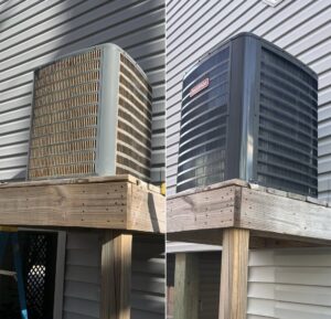 Before and after photo of an HVAC unit replacement by Brand Air Heating and Cooling LLC in Wilmington, NC.