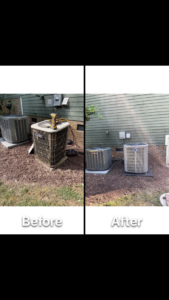 Before and after comparison of an old HVAC unit replaced with a new one by Comfort Zone of the Carolinas in Rock Hill, SC.