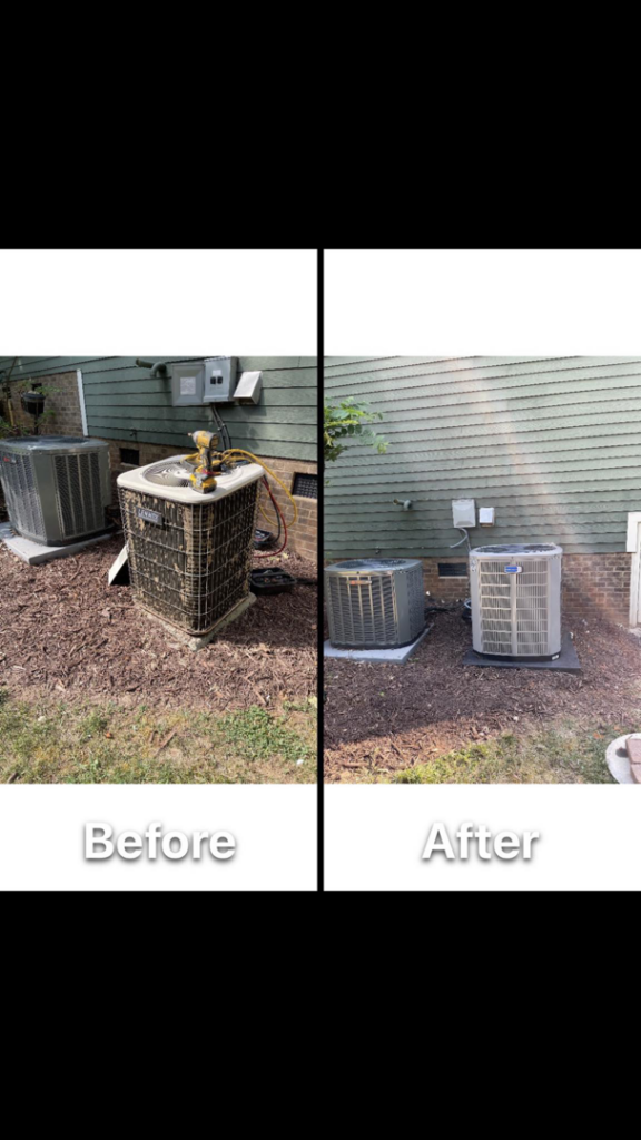 Before and after comparison of an old HVAC unit replaced with a new one by Comfort Zone of the Carolinas in Rock Hill, SC.