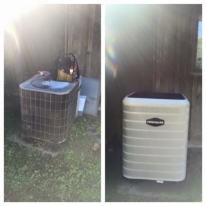 Before and after comparison of an old HVAC unit replaced with a new Frigidaire unit by R & R H.V.A.C in Knoxville, TN.