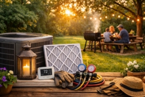 An outdoor HVAC unit, air filter, thermostat, and gauges, representing services by Paulk's Service Co. in Dothan, AL