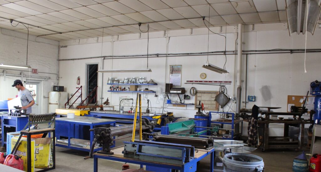 An interior view of the HVAC workshop and fabrication area at Eller Heating & Air Conditioning LLC in Columbus, NE.