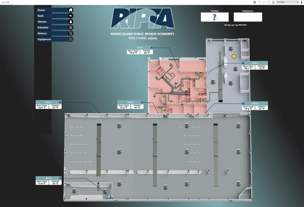 A screenshot of an HVAC zone control floorplan interface showing temperature setpoints by ICM Mechanical & Controls, LLC in Fall River, MA