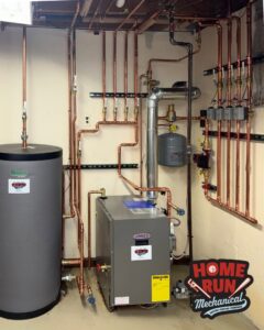 A comprehensive hydronic heating system installation with a Lennox boiler by Home Run Mechanical in Ann Arbor, MI.