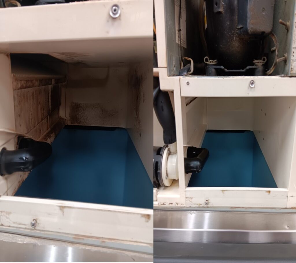 Before and after view of an ice machine interior after professional cleaning by JJJ Techs Heating and Cooling in Kinzers, PA.