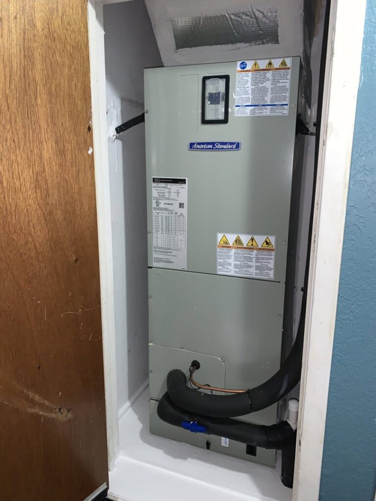 An American Standard indoor air handler unit newly installed in a closet by Gibson's Air Conditioning & Heating in Corpus Christi, TX.