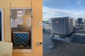 A split image showing an indoor air handler with a clean filter and an outdoor rooftop HVAC unit by 495 HVAC in Annandale, VA.