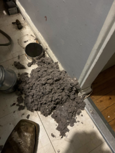 A large pile of lint and debris from an indoor dryer vent cleaning by Front Line Heating and Cooling in West Lafayette, IN.